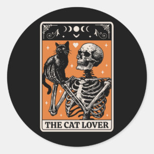 Adesivo Redondo O Cartão De Tarô De Gato - Gato Preto E Esqueleto