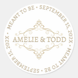 ADESIVO REDONDO O CASAMENTO DE FILAGREE ELEGANTE DOURADO DO CORAÇÃ