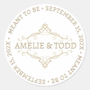 ADESIVO REDONDO O CASAMENTO DE FILAGREE ELEGANTE DOURADO DO CORAÇÃ
