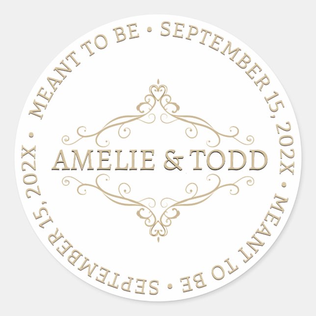 ADESIVO REDONDO O CASAMENTO DE FILAGREE ELEGANTE DOURADO DO CORAÇÃ (Frente)