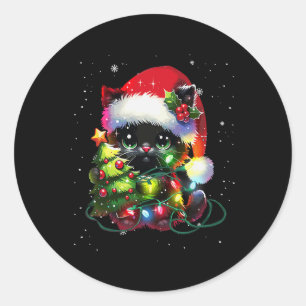 Adesivo Redondo O Chapéu Negro De Santa Gata Do Natal No Natal T