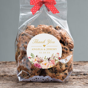 Adesivo Redondo O chique elegante cora obrigado floral cor-de-rosa