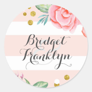 Adesivo Redondo O confete Dourado da aguarela floral cor-de-rosa