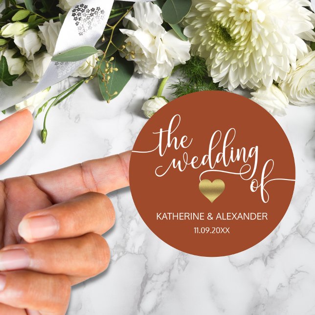 Adesivo Redondo O Coração Dourado Moderno Terracotta O CASAMENTO D (Criador carregado)