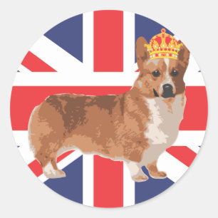 Adesivo Redondo O Corgi da rainha com coroa e Union Jack