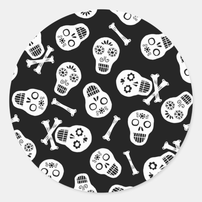 Adesivo Redondo O Dia de los Muertos Black and White Paper Skulds (Frente)