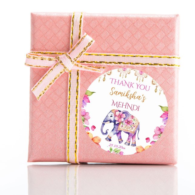 Adesivo Redondo O elefante do casamento indiano Mehndi é um favor  (Mehndi Indian wedding cute elephant favor gift thank you stickers modern watercolor pink and gold)