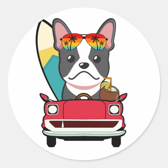 Adesivo Redondo O engraçado BullDog francês está indo para a praia (Frente)