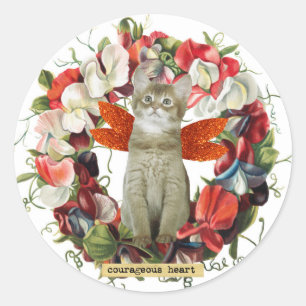 Adesivo Redondo O estilo do vintage do gatinho do gato floresce a