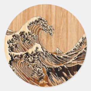Adesivo Redondo O Excelente Hokusai Wave Bamboo Wood Style