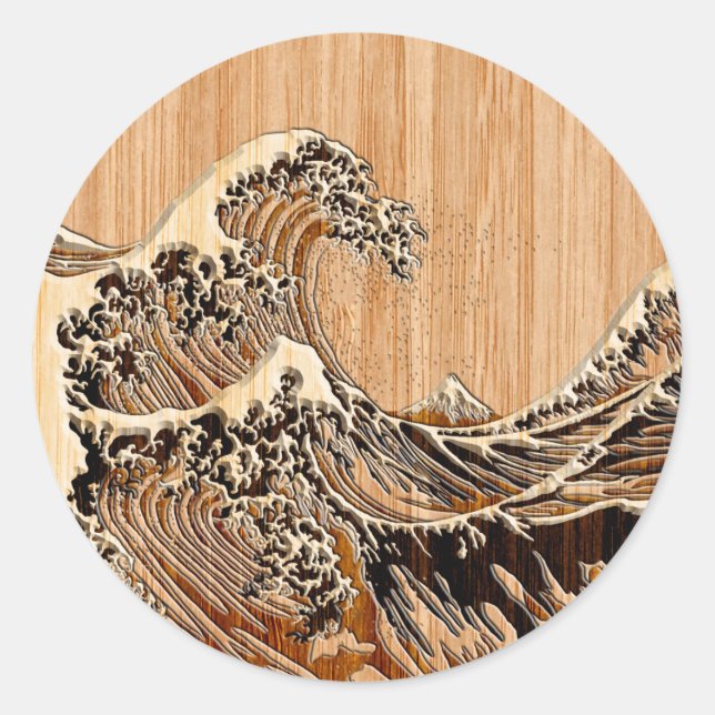 Adesivo Redondo O Excelente Hokusai Wave Bamboo Wood Style (Frente)