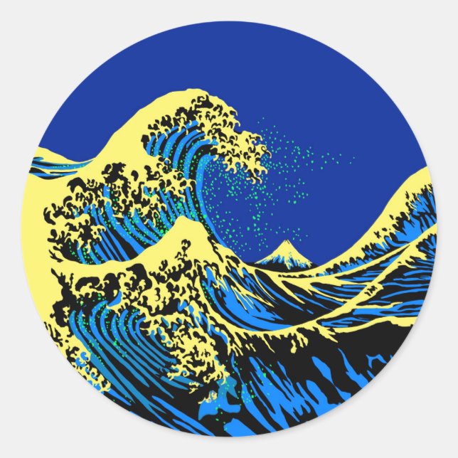 Adesivo Redondo O Excelente Hokusai Wave no estilo Pop Amarelo Azu (Frente)