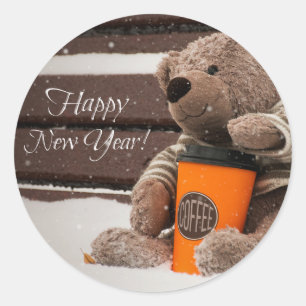 Adesivo Redondo O feliz ano novo. Urso de ursinho
