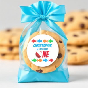 Adesivo Redondo O-Fish-Ally Um primeiro aniversario De Pesca