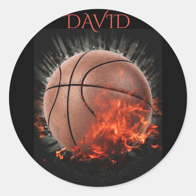 Adesivo Redondo O fogo de basquete personalizou autocolantes. (Frente)