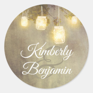 Adesivo Redondo O frasco de pedreiro da árvore ilumina o casament