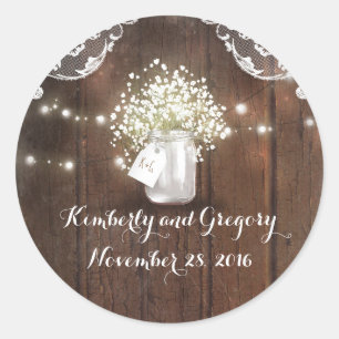 Adesivo Redondo O frasco de pedreiro rústico ilumina o casamento