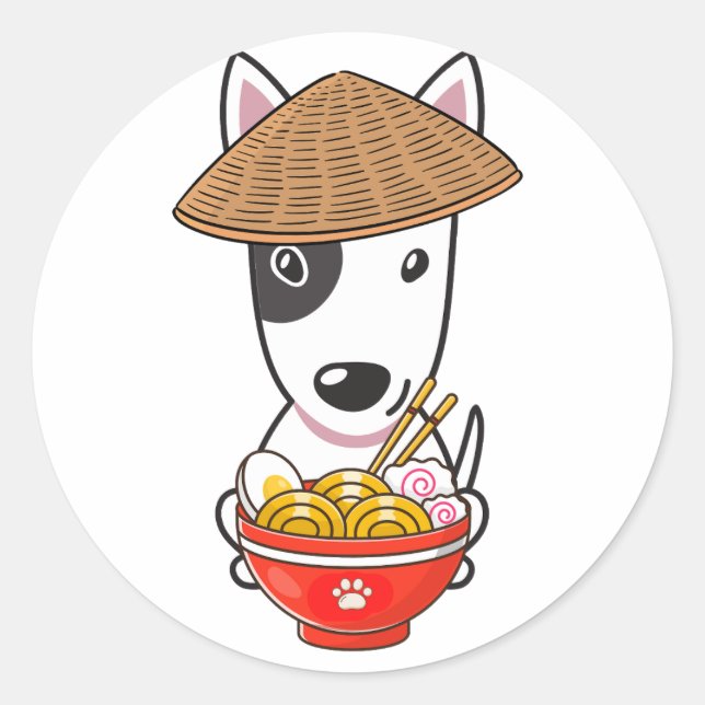 Adesivo Redondo O Funny Bull Terrier está comendo macarrão (Frente)