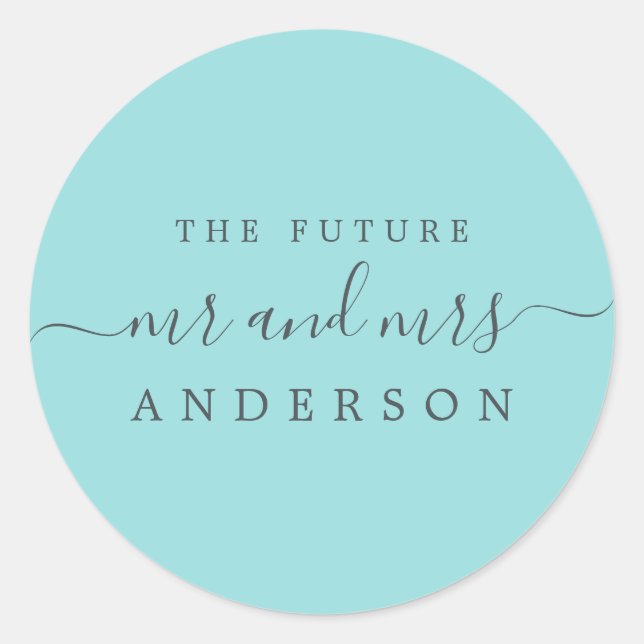 Adesivo Redondo O Futuro Chic Script Sr. Turquoise Blue Wedding (Frente)