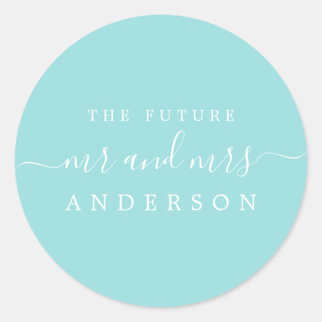 Adesivo Redondo O Futuro Chic Script Sr. Turquoise Blue Wedding (Frente)