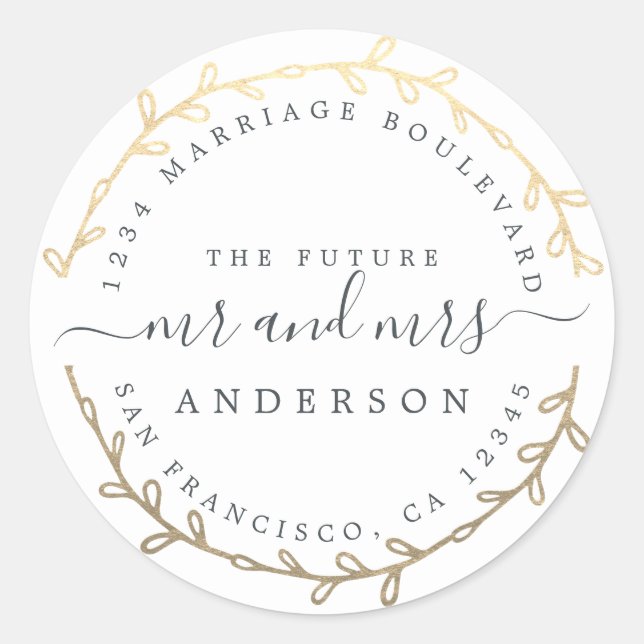 Adesivo Redondo O futuro Sr. Dourado Wreath Endereço de Regresso (Frente)