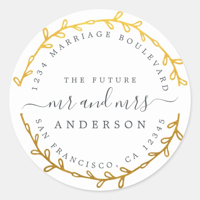 Adesivo Redondo O futuro Sr. Dourado Wreath Endereço de Regresso (Frente)