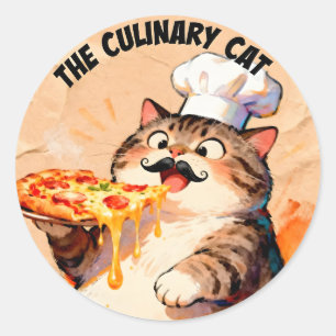 Adesivo Redondo O Gato Culinário com Chef de Pizza Gato Segurando