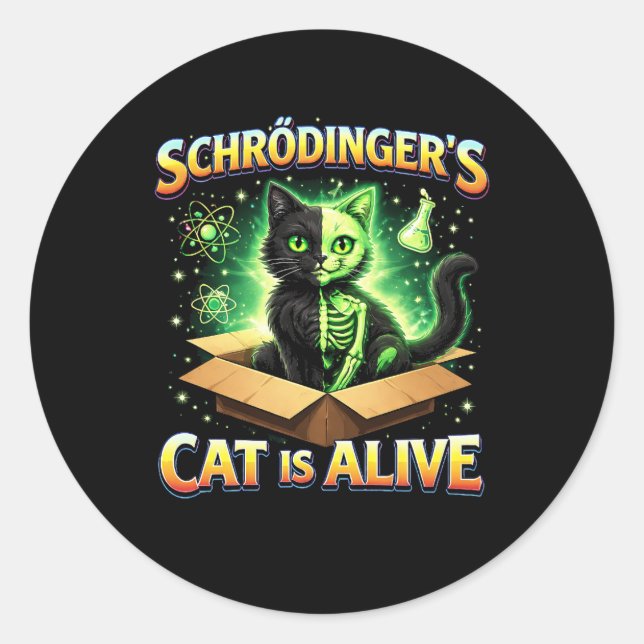 Adesivo Redondo O Gato Curioso de Schrödinger (Frente)