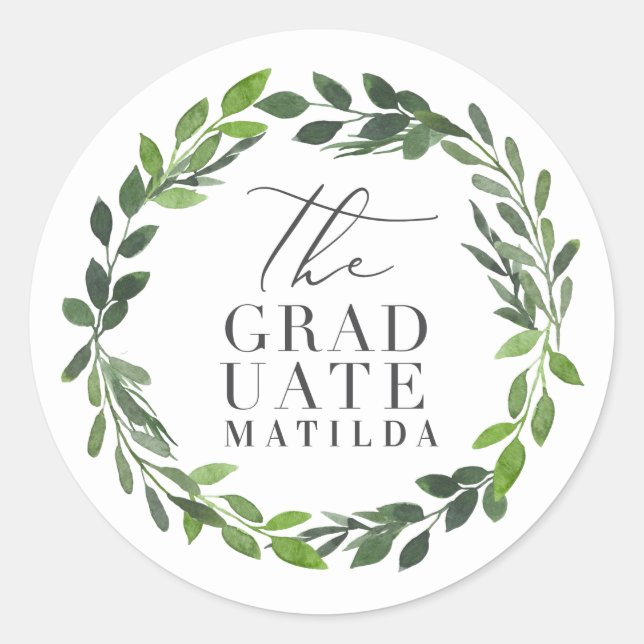 Adesivo Redondo O graduação script e coroa de folhagem aquarela (Frente)