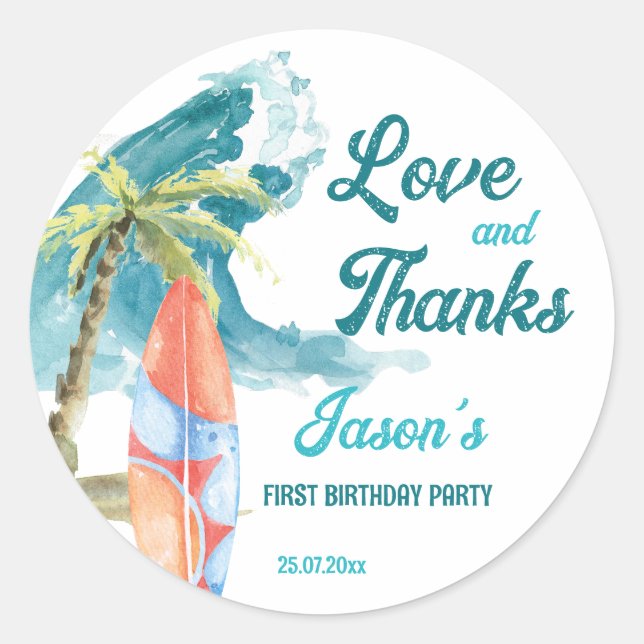 Adesivo Redondo O grande obrigado de uma festa de surfe na praia (Frente)