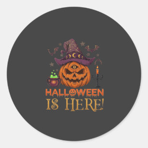 Adesivo Redondo O Halloween Chegou Abóbora Chapéu de Bruxa Caldeir