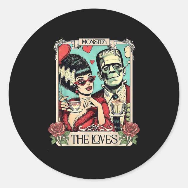 Adesivo Redondo O Monstro Frankenstein E A Noiva Os Amantes Taro (Frente)