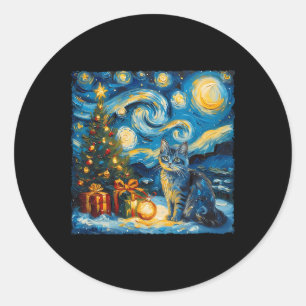 Adesivo Redondo O Natal Russo do Gato Azul Art Van Gogh é a estrel