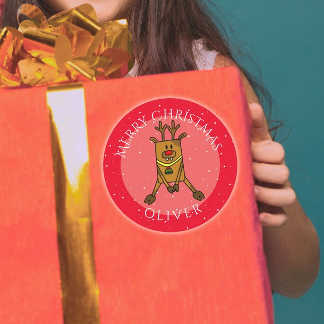 Adesivo Redondo O nome do Criança de Natal Vermelho e Bonito (Criador carregado)