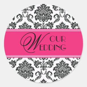 Adesivo Redondo O nosso casamento Fuchsia Orange Damask Sticker