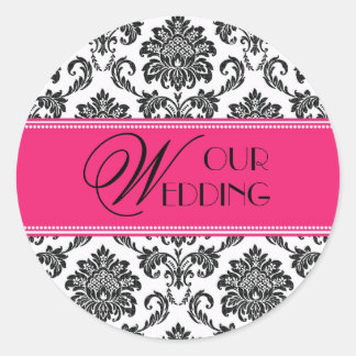 Adesivo Redondo O nosso casamento Fuchsia Orange Damask Sticker