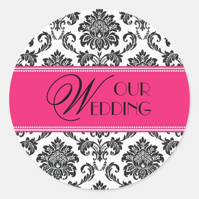 Adesivo Redondo O nosso casamento Fuchsia Orange Damask Sticker (Frente)