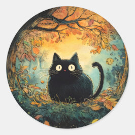 Adesivo Redondo O outono deixa aconchegante cair o gato preto na m