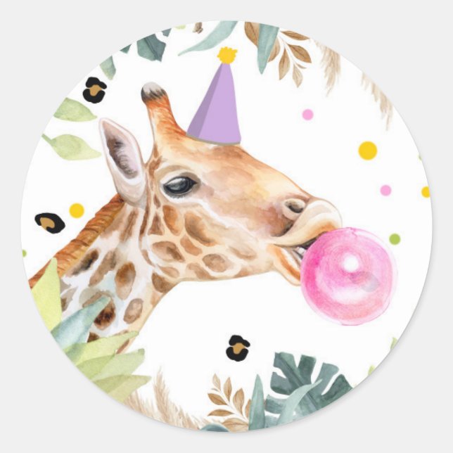Adesivo Redondo O Partido Giraffe Safari Animal Birthday Favorece  (Frente)