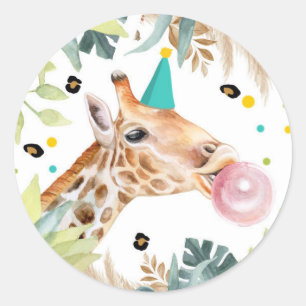 Adesivo Redondo O Partido Giraffe Safari Animal Birthday Favorece 