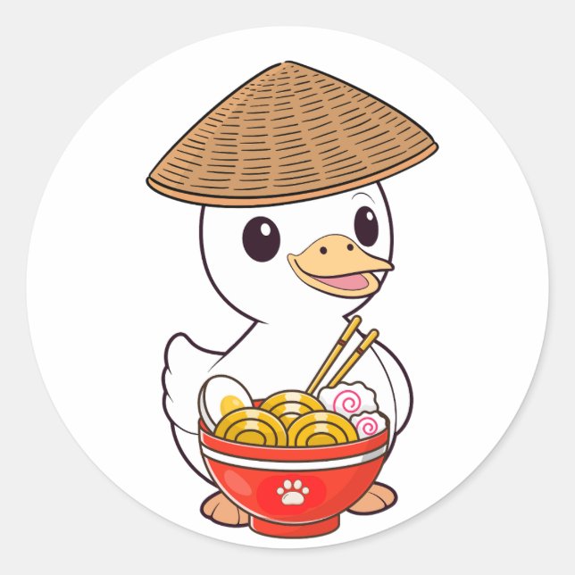 Adesivo Redondo O pato engraçado está comendo macarrão. (Frente)