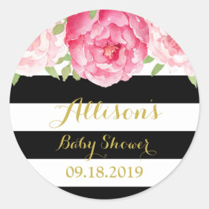 Adesivo Redondo O preto listra o Tag floral cor-de-rosa do favor