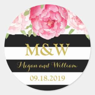 Adesivo Redondo O preto listra o Tag floral do favor do casamento
