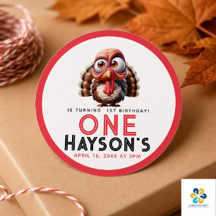 Adesivo Redondo O que é divertido Caricaturas primeiro aniversario