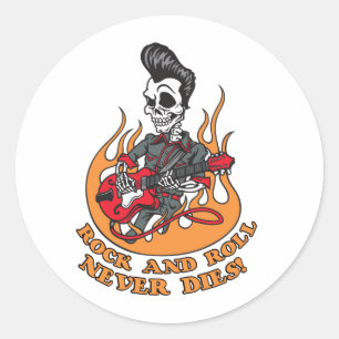 Adesivo Redondo O rock and roll nunca morre guitarra de esqueleto