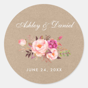 Adesivo Redondo O rosa da aguarela de Kraft cora casamento floral