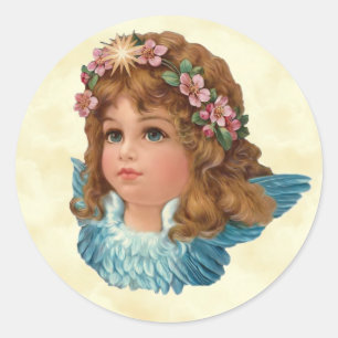Adesivo Redondo O rosa do anjo do vintage floresce Blue Wings