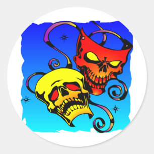 Adesivo Redondo O teatro do crânio mascara a comédia e a tragéd