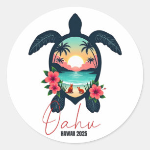 Adesivo Redondo Oahu Hawaii 2025 Férias de Verão da Família Turtle