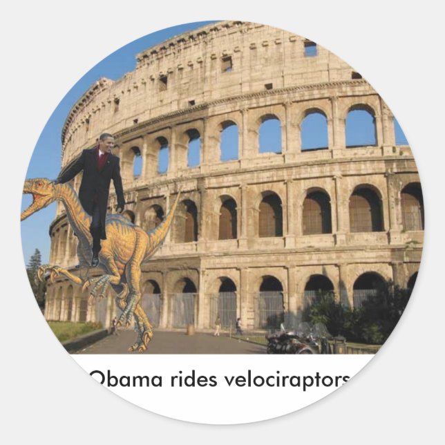 Adesivo Redondo Obama dirige velociraptors. (Frente)